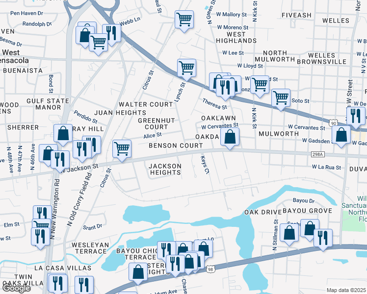 map of restaurants, bars, coffee shops, grocery stores, and more near 685 Lynch Street in Pensacola