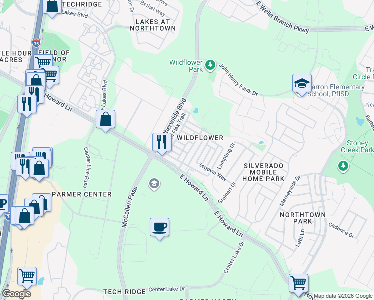 map of restaurants, bars, coffee shops, grocery stores, and more near 13809 Spring Heath Road in Pflugerville