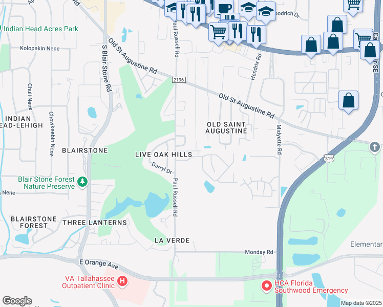 map of restaurants, bars, coffee shops, grocery stores, and more near 2239 Treeo Lane in Tallahassee