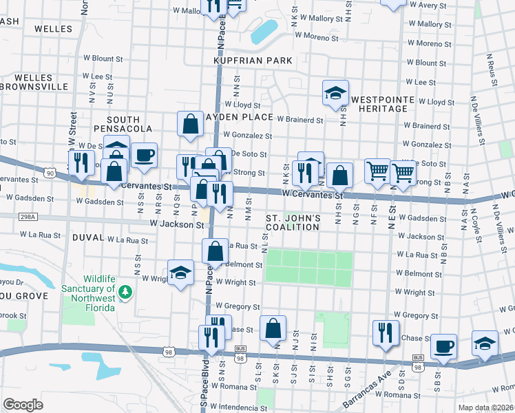 map of restaurants, bars, coffee shops, grocery stores, and more near 1810 West Gadsden Street in Pensacola