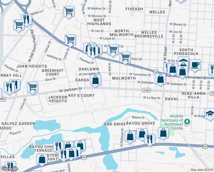 map of restaurants, bars, coffee shops, grocery stores, and more near 3626 West Jackson Street in Pensacola