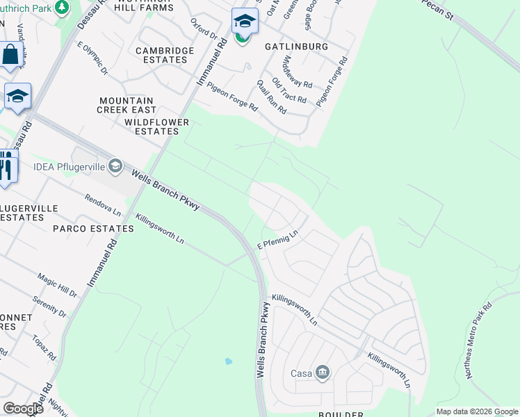 map of restaurants, bars, coffee shops, grocery stores, and more near 2516 East Wells Branch Parkway in Pflugerville