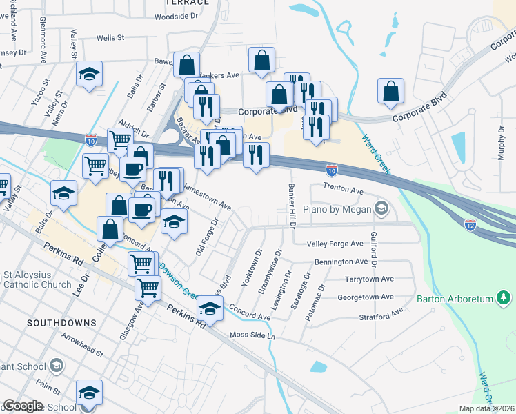 map of restaurants, bars, coffee shops, grocery stores, and more near 2414 Bunker Hill Drive in Baton Rouge