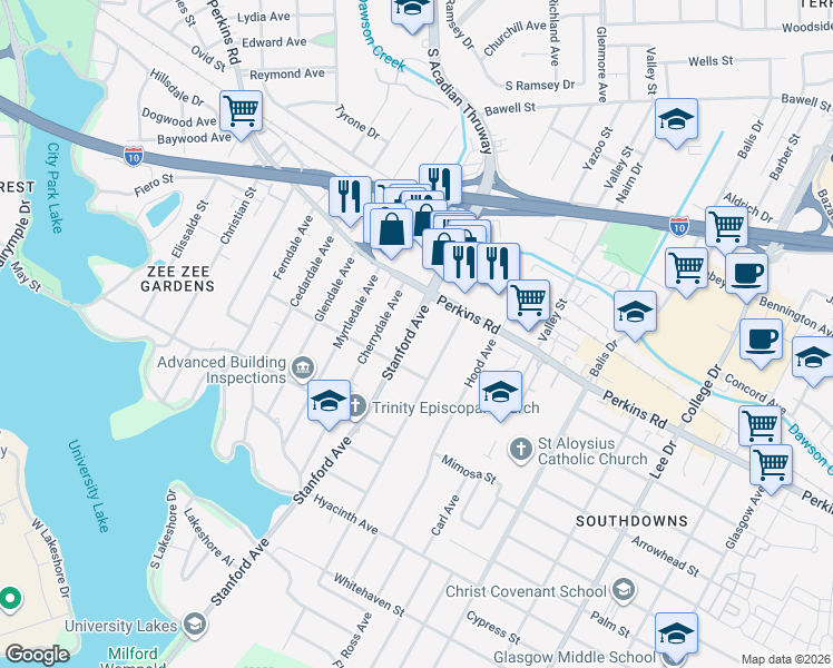 map of restaurants, bars, coffee shops, grocery stores, and more near 2206 Stanford Avenue in Baton Rouge