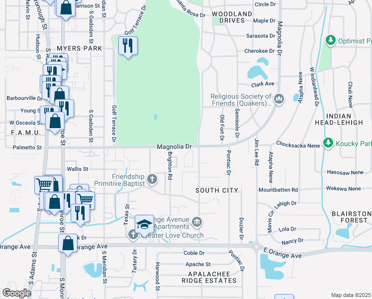 map of restaurants, bars, coffee shops, grocery stores, and more near 825 East Magnolia Drive in Tallahassee
