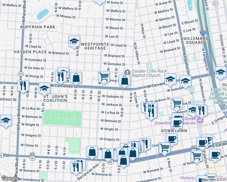 map of restaurants, bars, coffee shops, grocery stores, and more near 719 North C Street in Pensacola