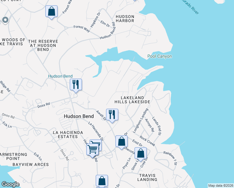 map of restaurants, bars, coffee shops, grocery stores, and more near 5800 Lakeside Trail in Austin