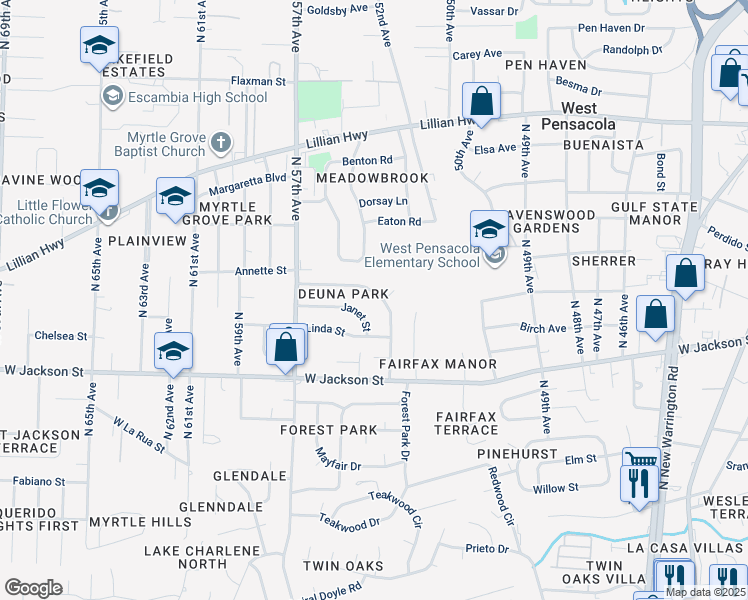 map of restaurants, bars, coffee shops, grocery stores, and more near 37 De Luna Drive in Pensacola
