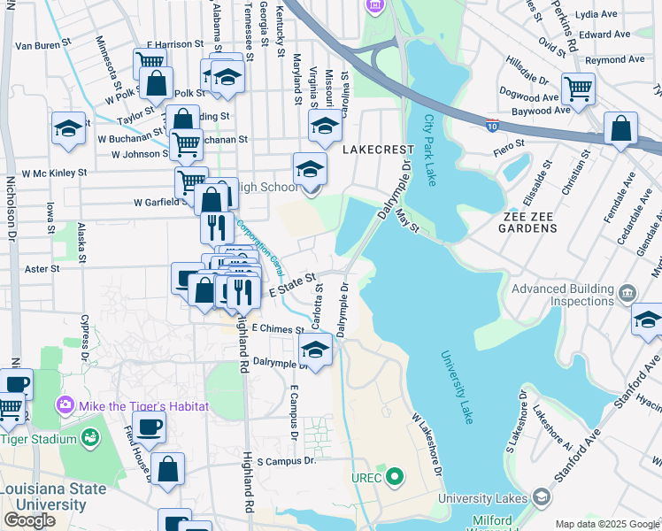 map of restaurants, bars, coffee shops, grocery stores, and more near 561 East State Street in Baton Rouge