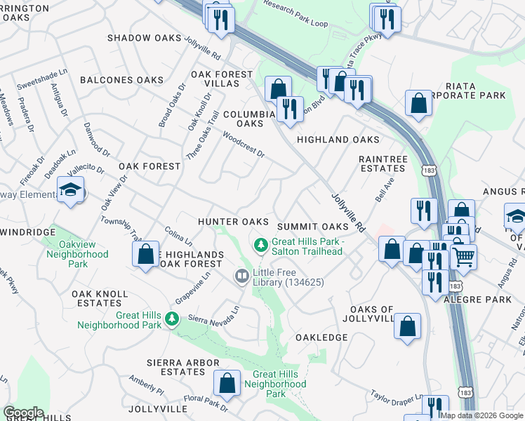 map of restaurants, bars, coffee shops, grocery stores, and more near 11504 Leon Grande Cove in Austin