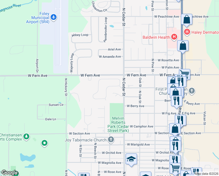 map of restaurants, bars, coffee shops, grocery stores, and more near 1239 Surrey Loop in Foley
