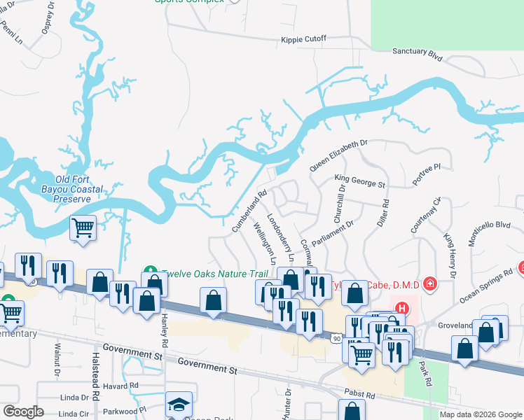 map of restaurants, bars, coffee shops, grocery stores, and more near 1231 Londonderry Lane in Ocean Springs