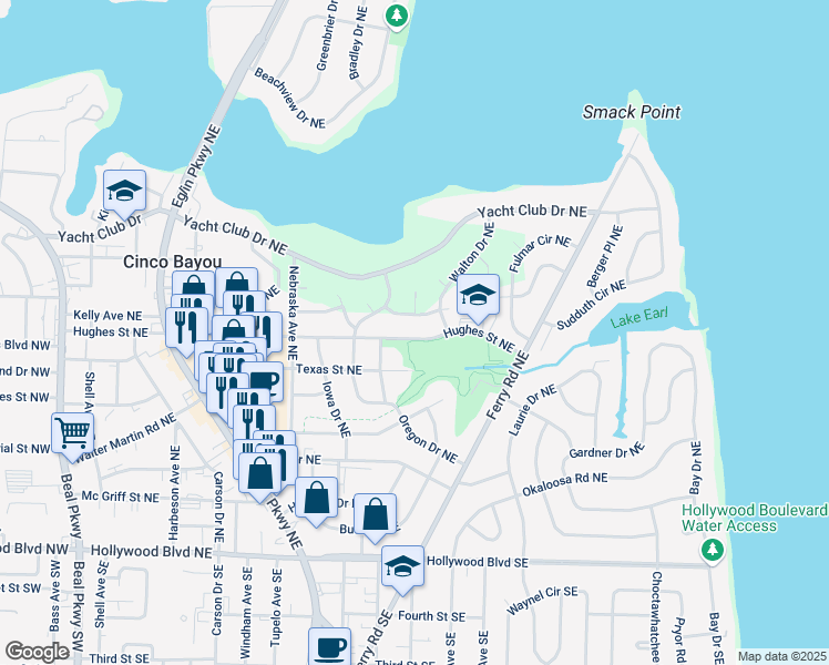 map of restaurants, bars, coffee shops, grocery stores, and more near 225 Hughes Street Northeast in Fort Walton Beach