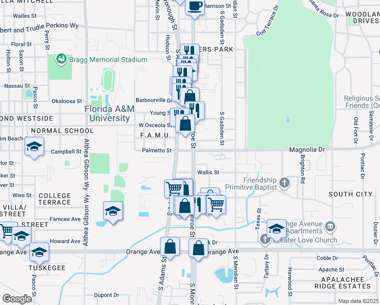map of restaurants, bars, coffee shops, grocery stores, and more near 2102 South Monroe Street in Tallahassee