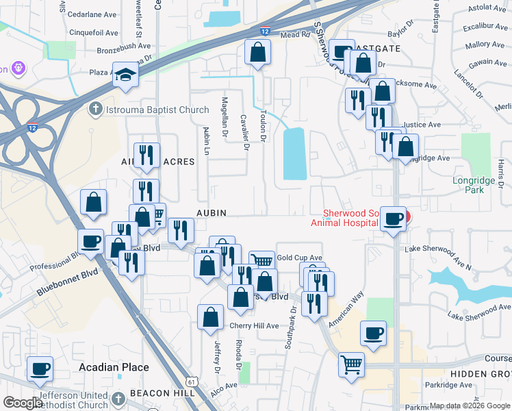 map of restaurants, bars, coffee shops, grocery stores, and more near 11147 Stanley Aubin Place in Baton Rouge