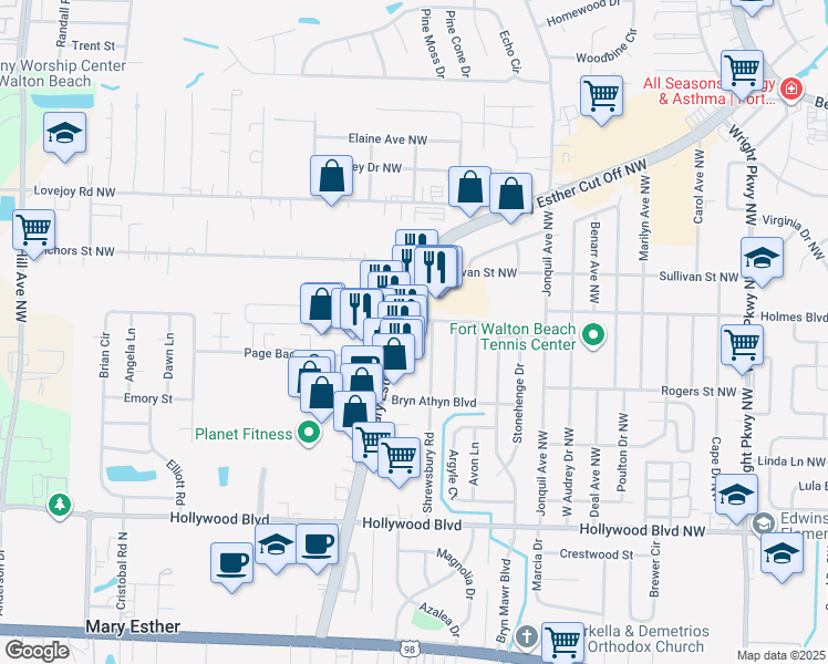 map of restaurants, bars, coffee shops, grocery stores, and more near 1001-1099 Bryn Mawr Boulevard in Mary Esther