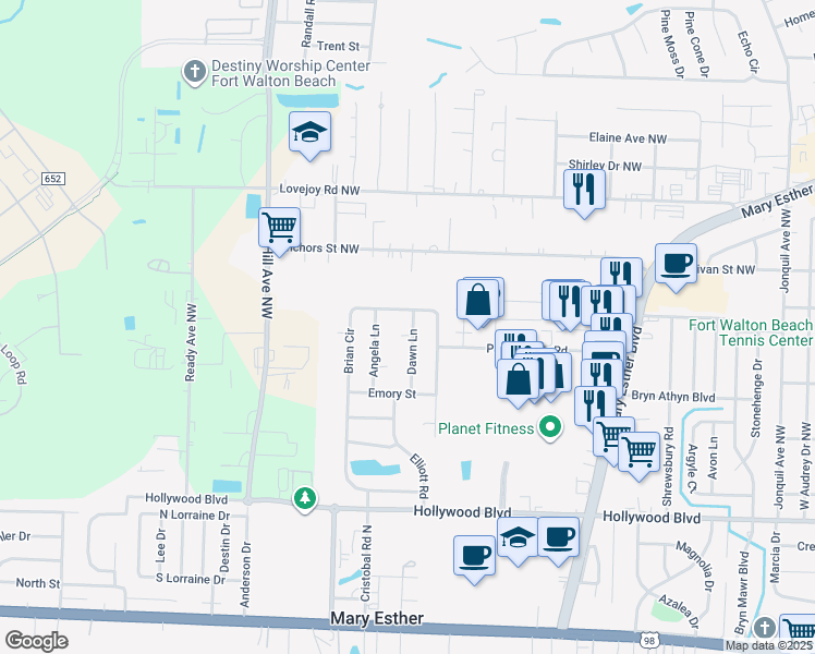 map of restaurants, bars, coffee shops, grocery stores, and more near 460 Brian Circle in Mary Esther