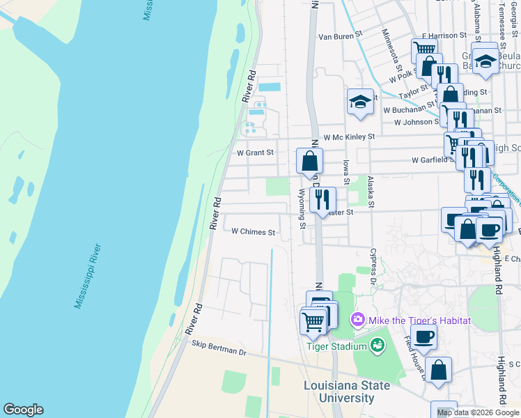 map of restaurants, bars, coffee shops, grocery stores, and more near 1310 Aster Street in Baton Rouge