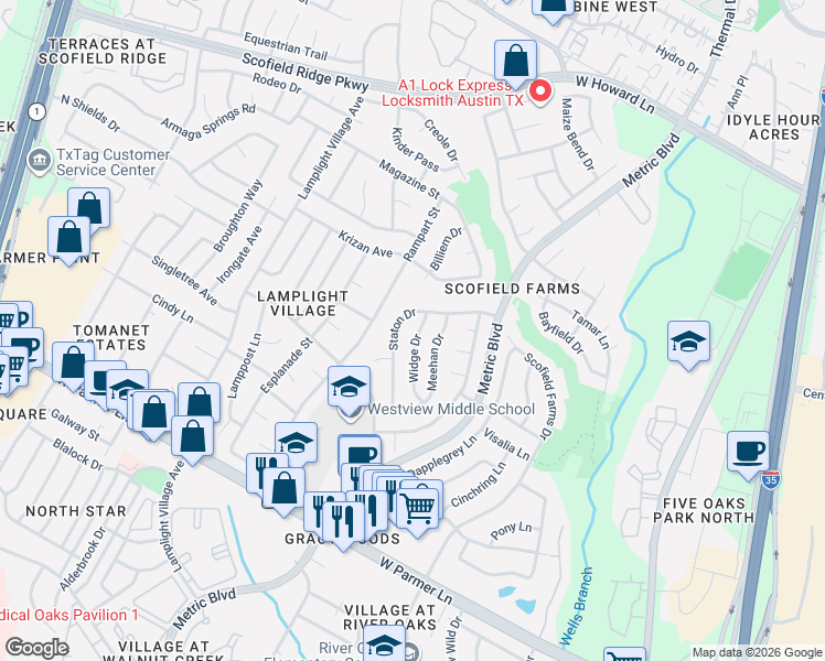 map of restaurants, bars, coffee shops, grocery stores, and more near 12917 Staton Drive in Austin
