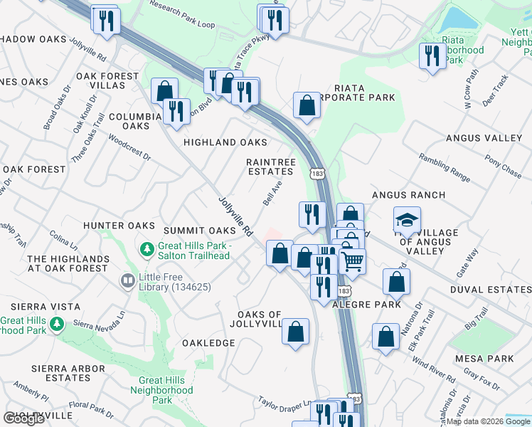 map of restaurants, bars, coffee shops, grocery stores, and more near 11727 Bell Avenue in Austin