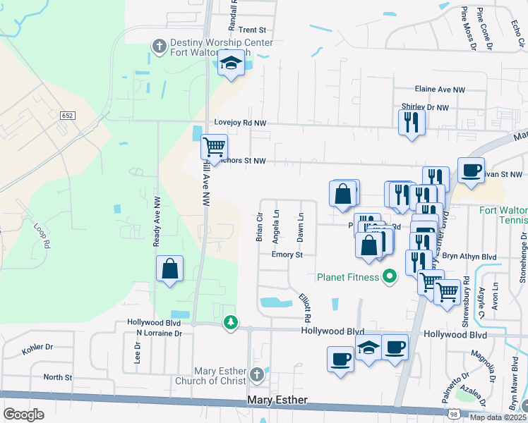 map of restaurants, bars, coffee shops, grocery stores, and more near 370 Brian Circle in Mary Esther
