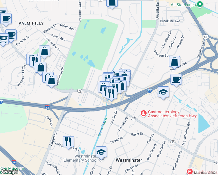 map of restaurants, bars, coffee shops, grocery stores, and more near 3482 Drusilla Lane in Baton Rouge