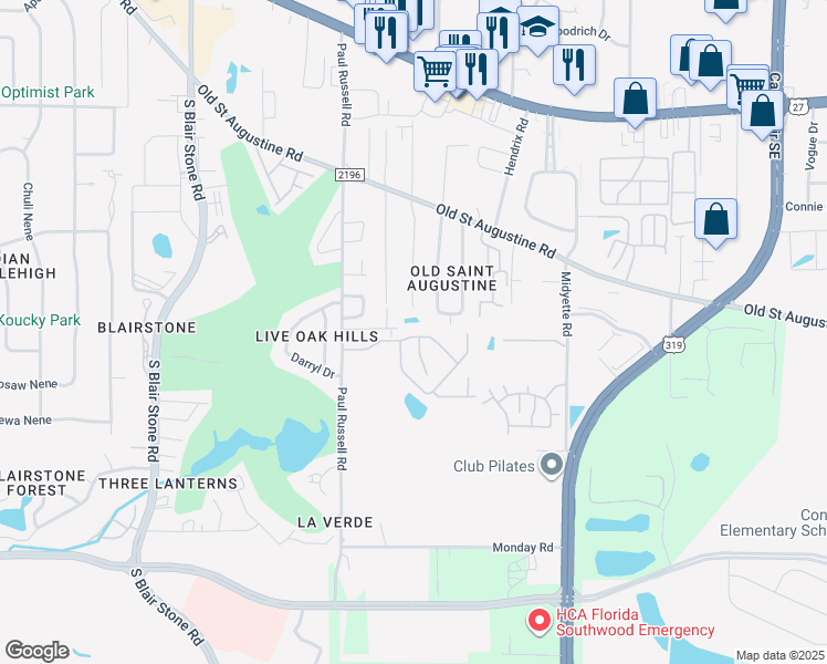 map of restaurants, bars, coffee shops, grocery stores, and more near 1579 Live Oak Drive in Tallahassee