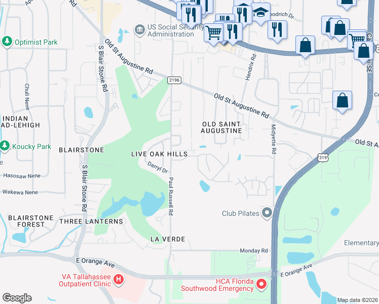 map of restaurants, bars, coffee shops, grocery stores, and more near 1579 Live Oak Drive in Tallahassee