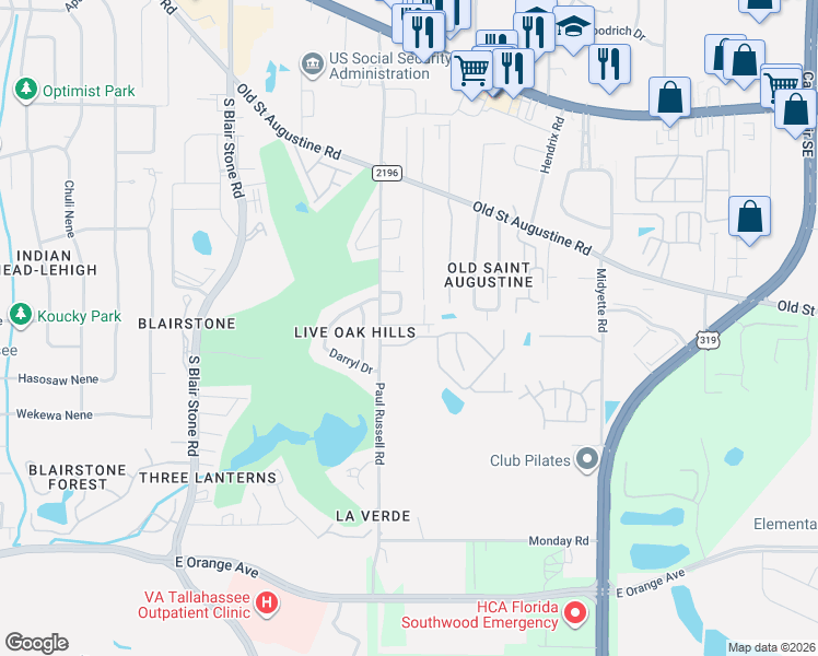 map of restaurants, bars, coffee shops, grocery stores, and more near 2212 Paul Russell Circle in Tallahassee