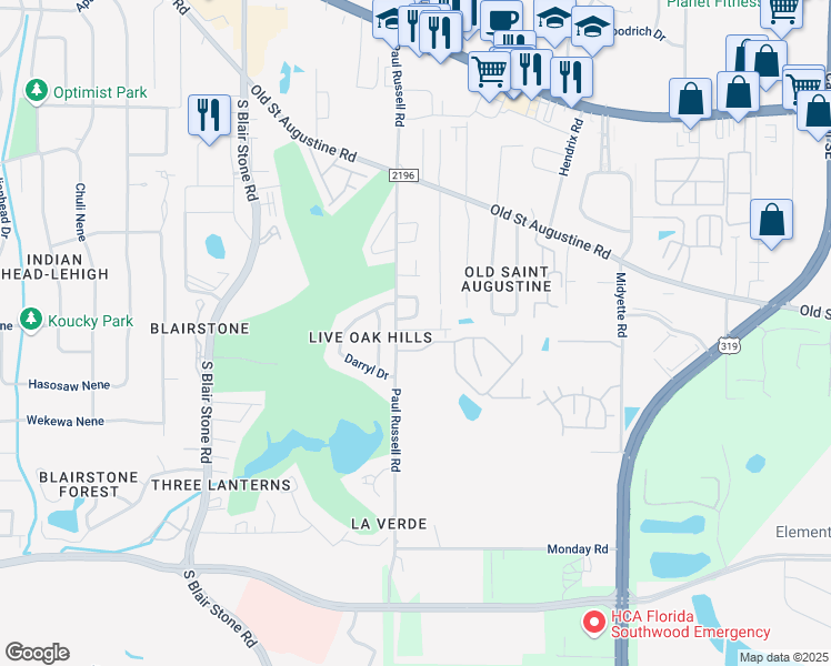 map of restaurants, bars, coffee shops, grocery stores, and more near 2212 Paul Russell Circle in Tallahassee