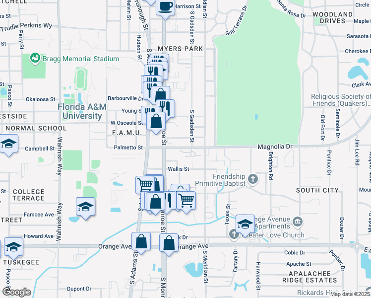 map of restaurants, bars, coffee shops, grocery stores, and more near 2031 South Monroe Street in Tallahassee
