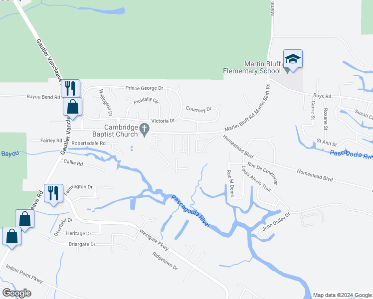map of restaurants, bars, coffee shops, grocery stores, and more near 1901 Martin Bluff Road in Gautier