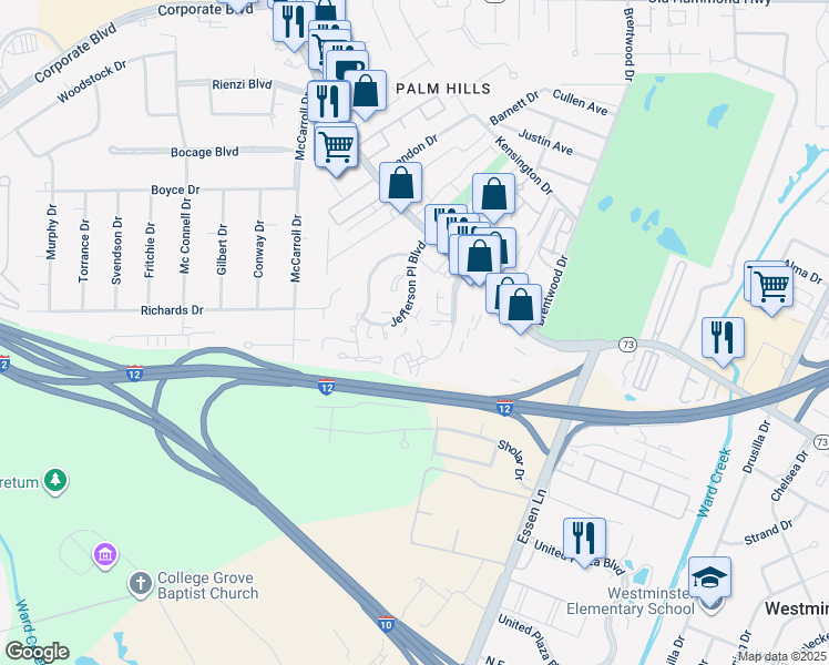 map of restaurants, bars, coffee shops, grocery stores, and more near 7844 Jefferson Place Boulevard in Baton Rouge