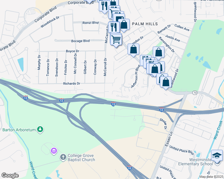 map of restaurants, bars, coffee shops, grocery stores, and more near 7798 Richards Drive in Baton Rouge