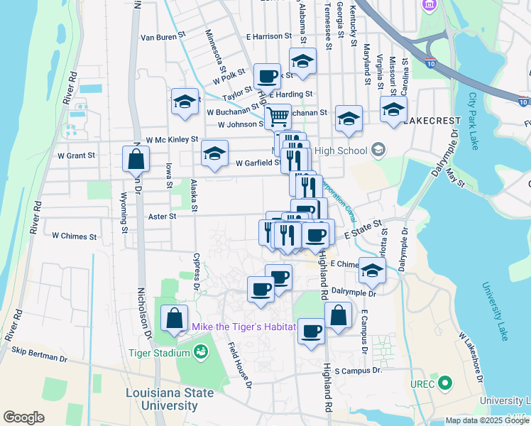 map of restaurants, bars, coffee shops, grocery stores, and more near Aster Street in Baton Rouge