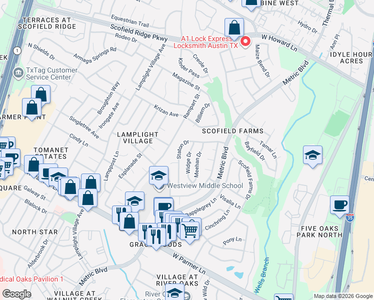 map of restaurants, bars, coffee shops, grocery stores, and more near 12917 Staton Drive in Austin