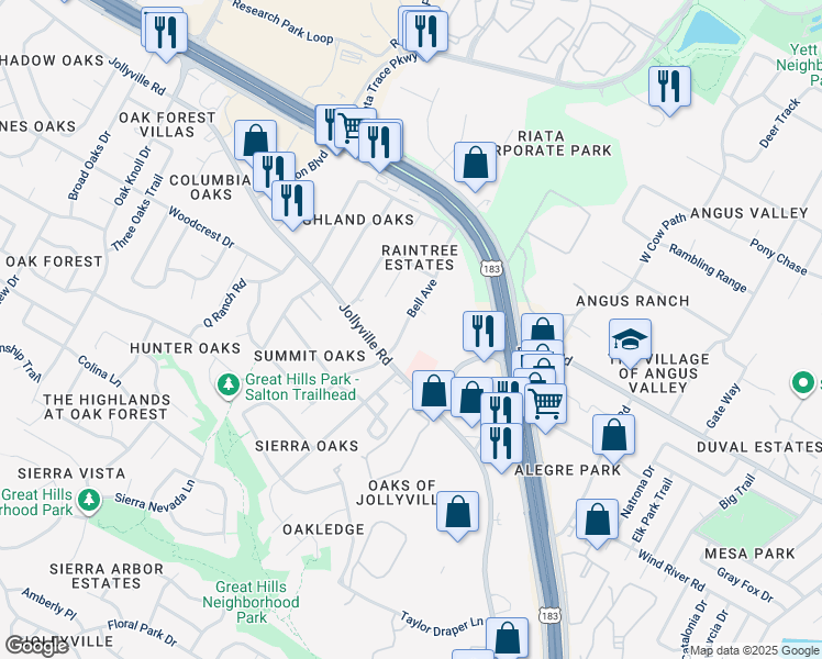 map of restaurants, bars, coffee shops, grocery stores, and more near 11727 Bell Avenue in Austin