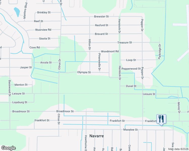 map of restaurants, bars, coffee shops, grocery stores, and more near 7423 Olympia Street in Navarre