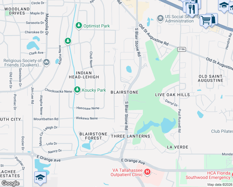 map of restaurants, bars, coffee shops, grocery stores, and more near 2900 Blairstone Court in Tallahassee