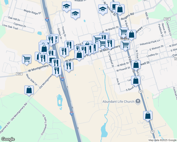 map of restaurants, bars, coffee shops, grocery stores, and more near 200 Kennedy Street in Willis