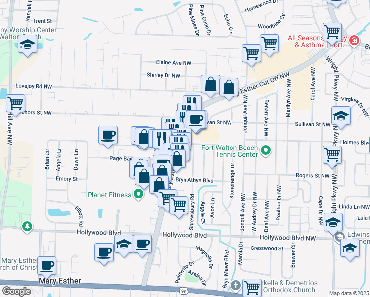 map of restaurants, bars, coffee shops, grocery stores, and more near 481 Mary Esther Boulevard in Mary Esther
