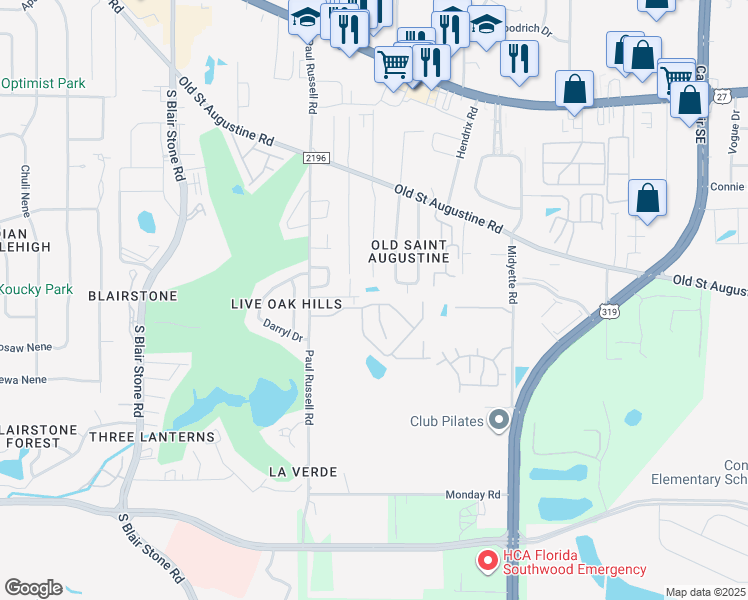 map of restaurants, bars, coffee shops, grocery stores, and more near 1579 Live Oak Drive in Tallahassee