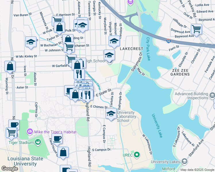 map of restaurants, bars, coffee shops, grocery stores, and more near 3000 July Street in Baton Rouge