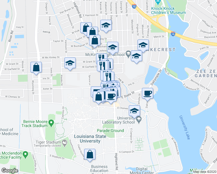 map of restaurants, bars, coffee shops, grocery stores, and more near Highland Rd & Aster St in Baton Rouge