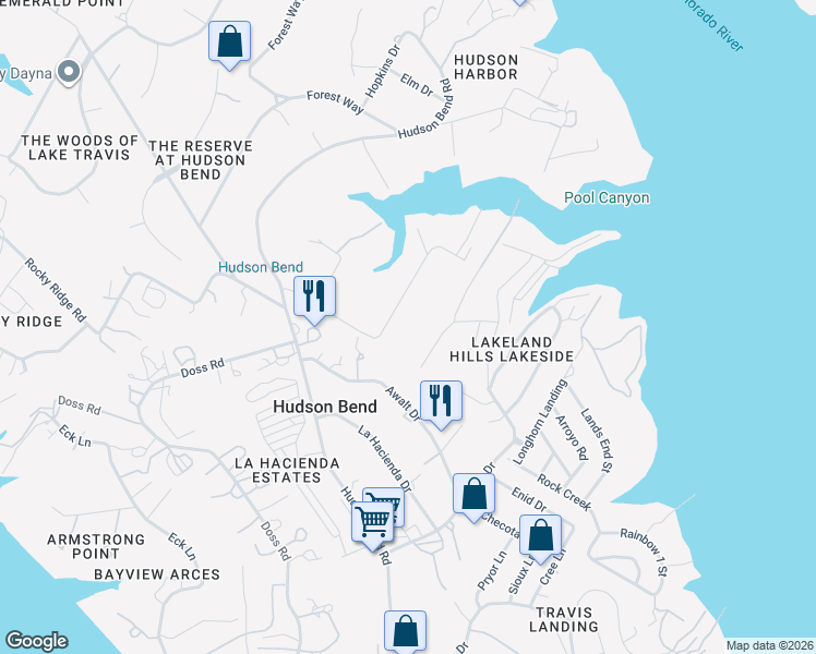 map of restaurants, bars, coffee shops, grocery stores, and more near 16039 Pool Canyon Road in Austin