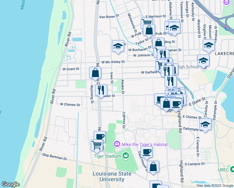 map of restaurants, bars, coffee shops, grocery stores, and more near 744 Aster Street in Baton Rouge