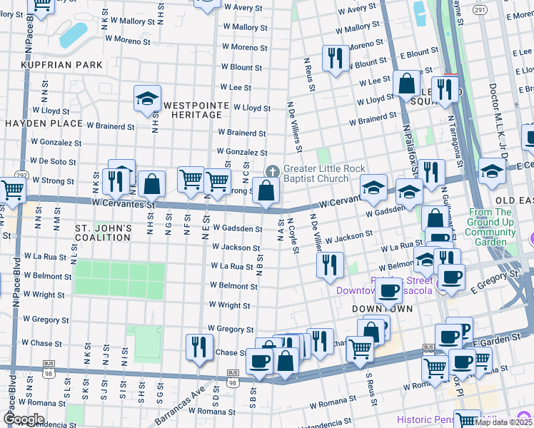 map of restaurants, bars, coffee shops, grocery stores, and more near 711 West Cervantes Street in Pensacola