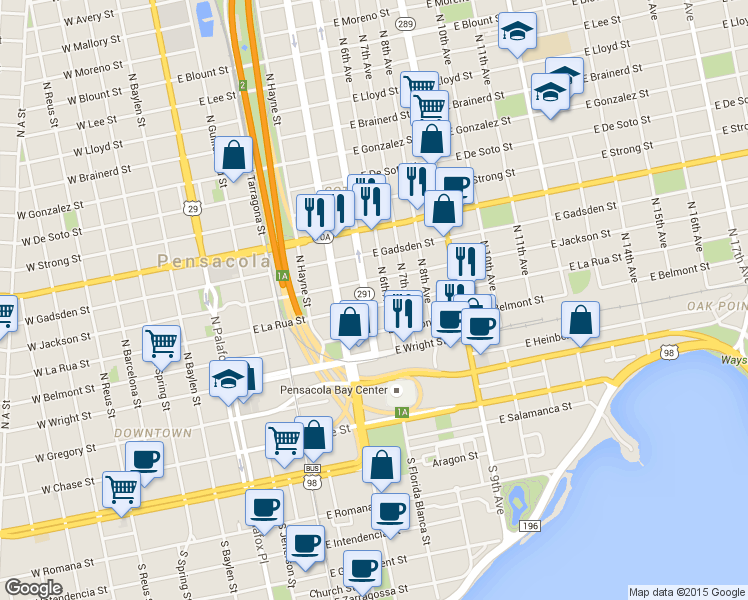map of restaurants, bars, coffee shops, grocery stores, and more near 500 North Davis Highway in Pensacola