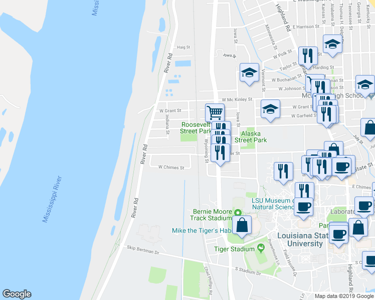 map of restaurants, bars, coffee shops, grocery stores, and more near 1232 Aster Street in Baton Rouge