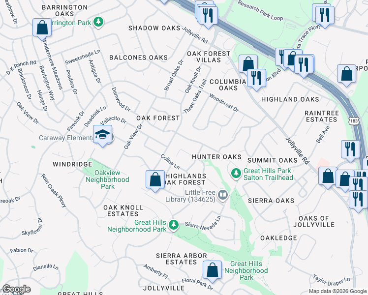 map of restaurants, bars, coffee shops, grocery stores, and more near 6502 Harrogate Drive in Austin
